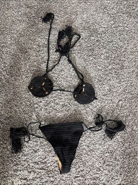 Black Crochet Tie Bikini Set - Women Swim